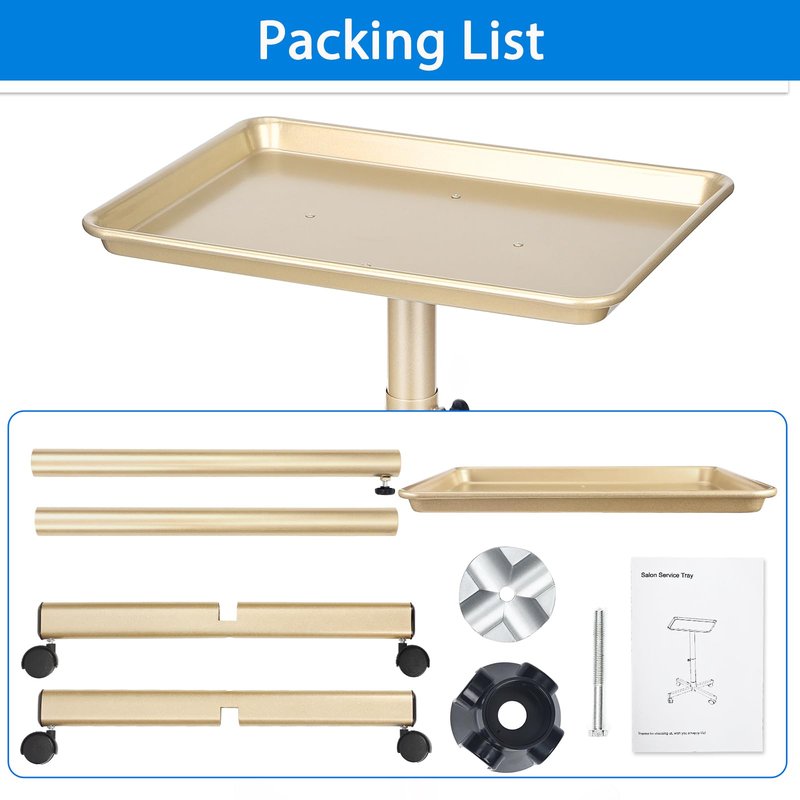 Salon Tray on Wheels, Champagne Gold Salon Service Tray Cart with Adjustable Height,Ideal Use As Salon Tattoo Tray&Medical Tray,No-Rusting