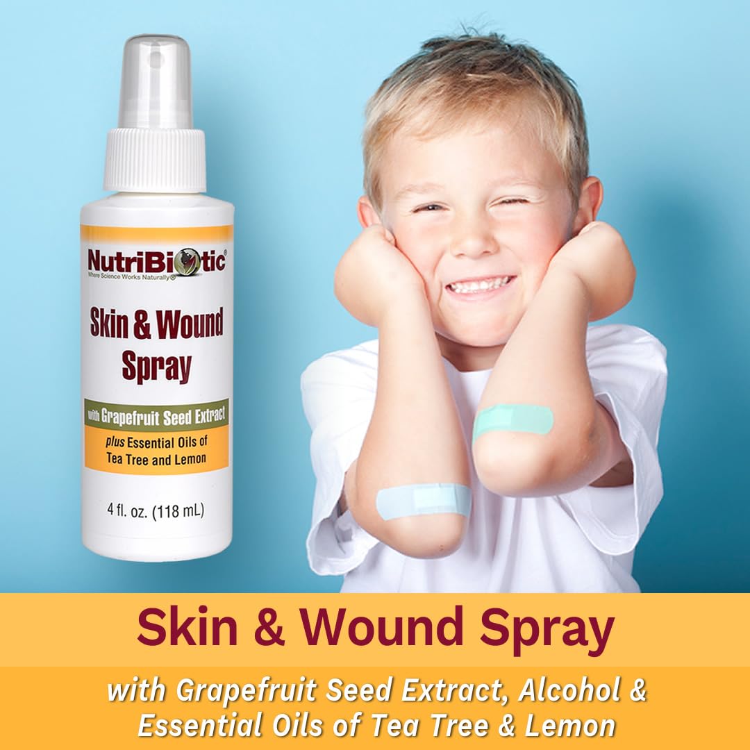NutriBiotic Skin & Wound Spray with GSE, 4 Fl Oz | Grapefruit Seed Extract Plus Tea Tree & Lemon Essential Oils | Helps Support Healthy Skin Tissue & Flush Irritants from Minor Wounds | Non-Medicated