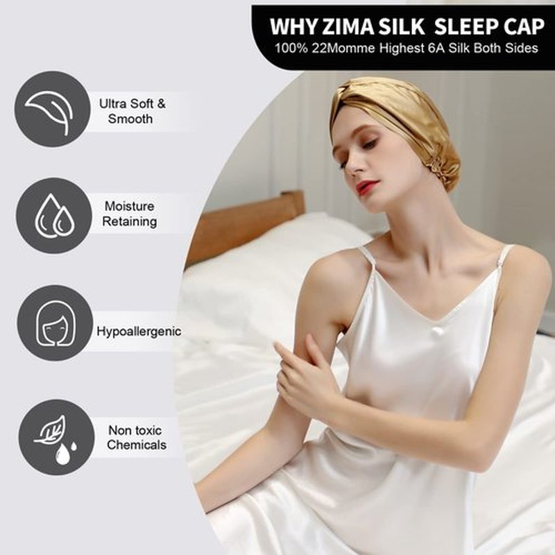 ZIMASILK 22 Momme 100% Mulberry Silk Bonnet for Sleeping & Women Hair Care, Highest Grade 6A Silk Hair wrap for Sleeping with Premium Elastic Stay On Head (1Pc, Golden)