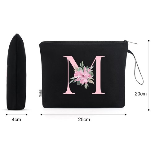 Vavabox A-Z Personalized Makeup Bag,Birthday Gifts for Women Mom,Gifts for Best Friend,Bride Bridesmaid Cosmetic bag (M, Black)