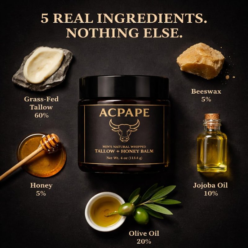 Acpape Beef Tallow for Skin — Men's Natural Whipped Tallow and Honey Balm | Grass-Fed Beef Tallow Face & Body Moisturizer for Men | Tallow Balm with Jojoba Oil, Olive Oil, Beeswax & Raw Honey | 4 oz