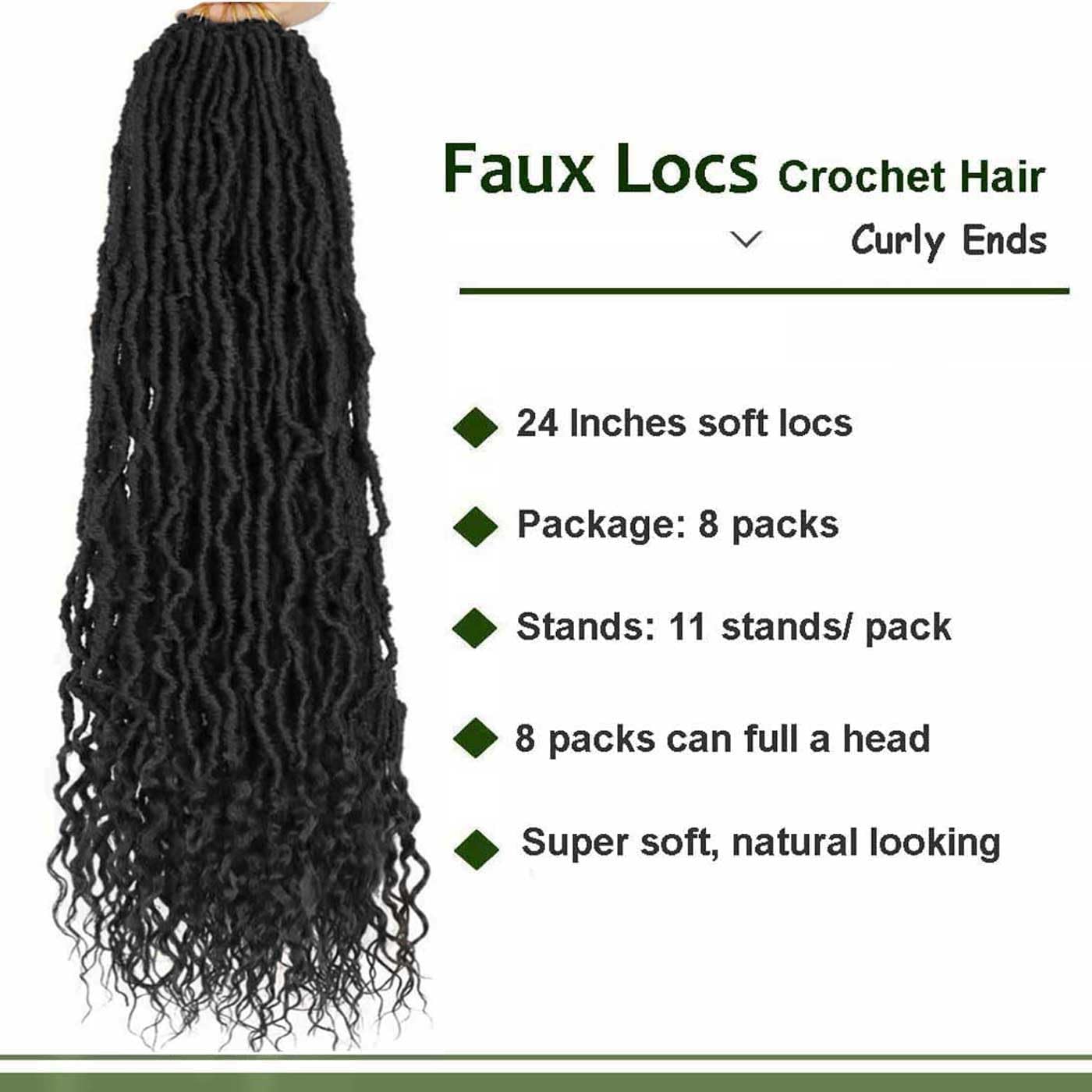 8 Packs 24 Inch Soft Locs With Curly Ends Faux Locs Crochet Hair Boho Braids Crochet Locs Hair for Women Crochet Dreads (24inch 8Pack 1B)