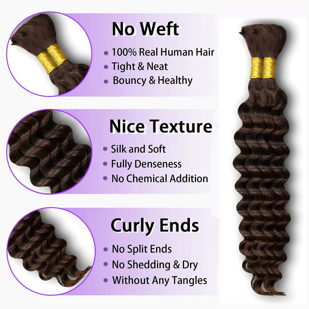 ZFY Human Braiding Hair 100g 20 Inch Deep Wave Bulk Human Hair for Braiding Boho Braids 100% Unprocessed Brazilian Virgin Human Hair Extensions No Weft 2 Bundle/Pack Dark Brown