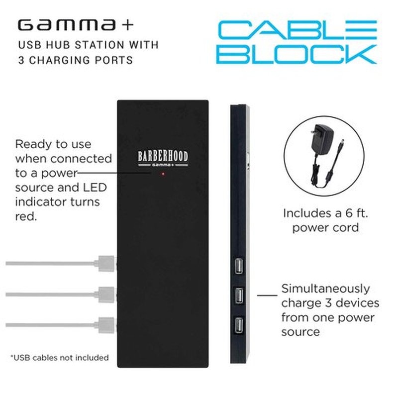 GAMMA+ 3-Port Micro USB Hub Station Charging Block for Charging Barber Tools and Devices