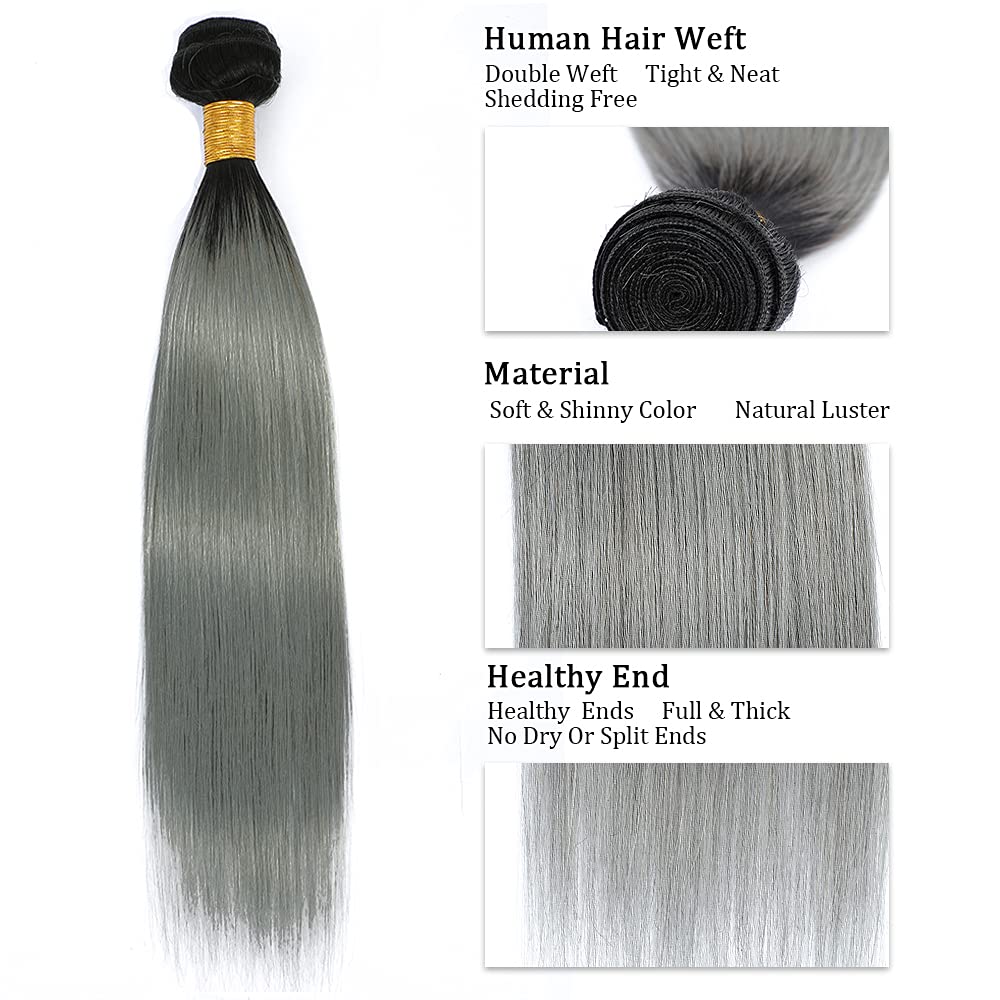 Gray Bundles Human Hair Ombre Straight Human Hair Bundles Brazilian Unprocessed Virgin Hair 3 Bundles 18 20 22 Inch Two Tone Silver Straight Bundles Hair Weave Dark Roots