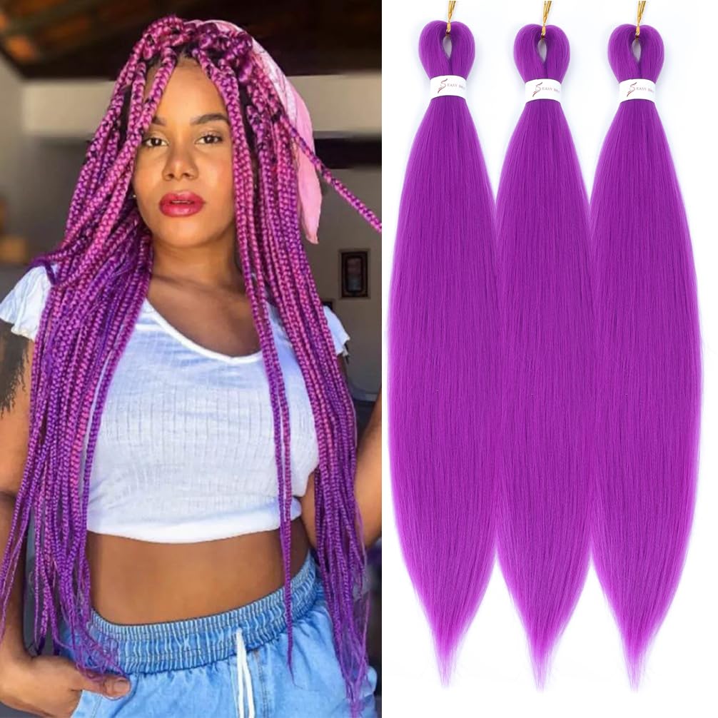Magenta Pink Pre Stretched Braiding Hair 26 Inch Box Braid Hair Extensions 3 Packs Yaki Texture Pre feathered Braids Hair Easy to Use for Women Girls Kids