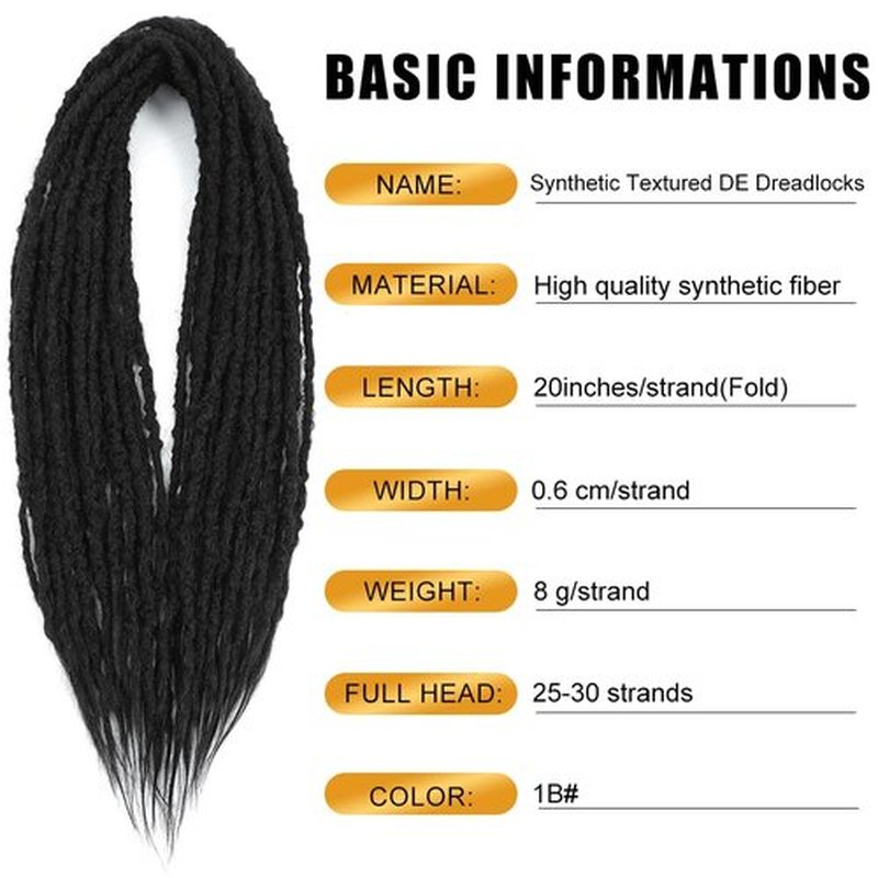 Aguacor Synthetic Textured Dreadlocks Straight Double Ended Dreadlock Extensions with Texture 20inches 10 Strands Thin Soft DE Dreadlock Extensions for Women (10 Strands, 1B#)