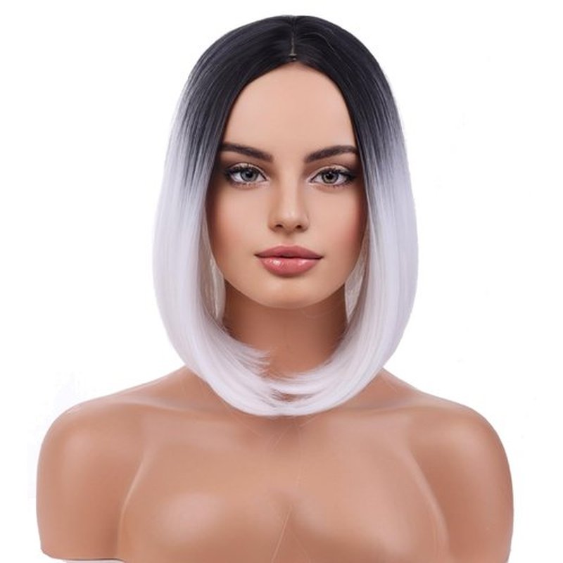 BERON 12 Inches Ombre Grey Wig Short Straight Hair Bob Wig Ombre Gray Wigs Flapper Wig for Women with Wig Cap
