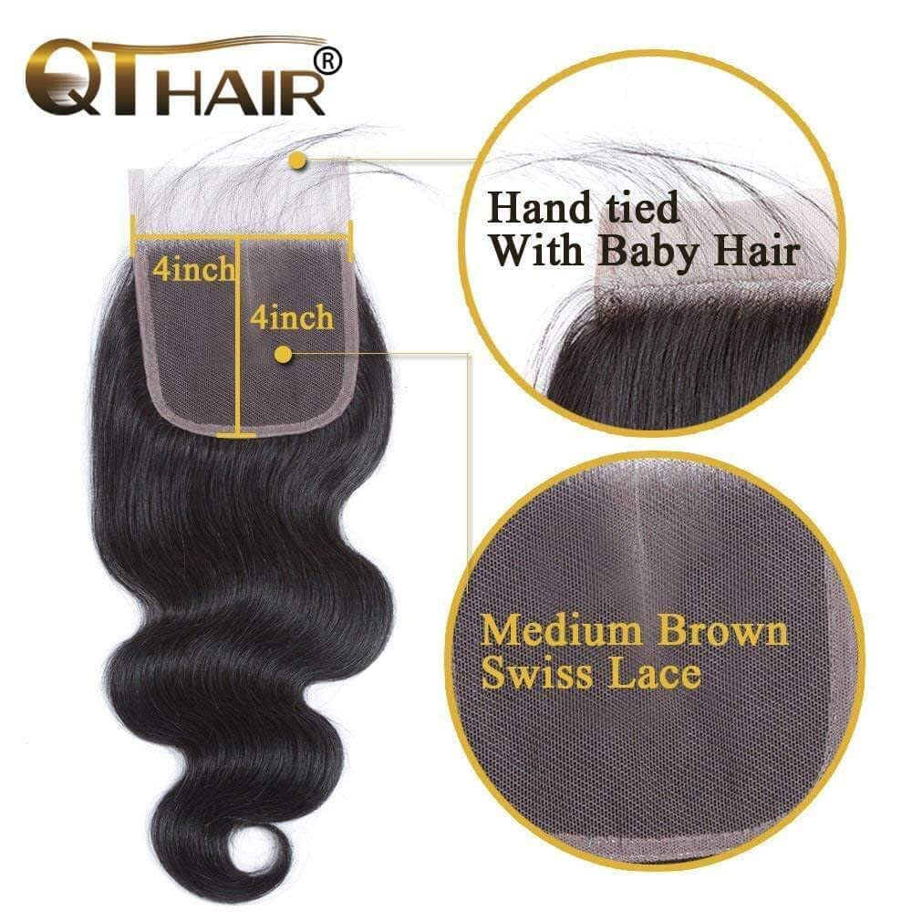 QTHAIR 14A Body Wave Bundles with Closure Human Hair (10 10+10) Brazilian Human Hair Bundles with 4x4 HD Lace Closure Free Part 100% Unprocessed Virgin Hair Body Wave Bundles Natural Color