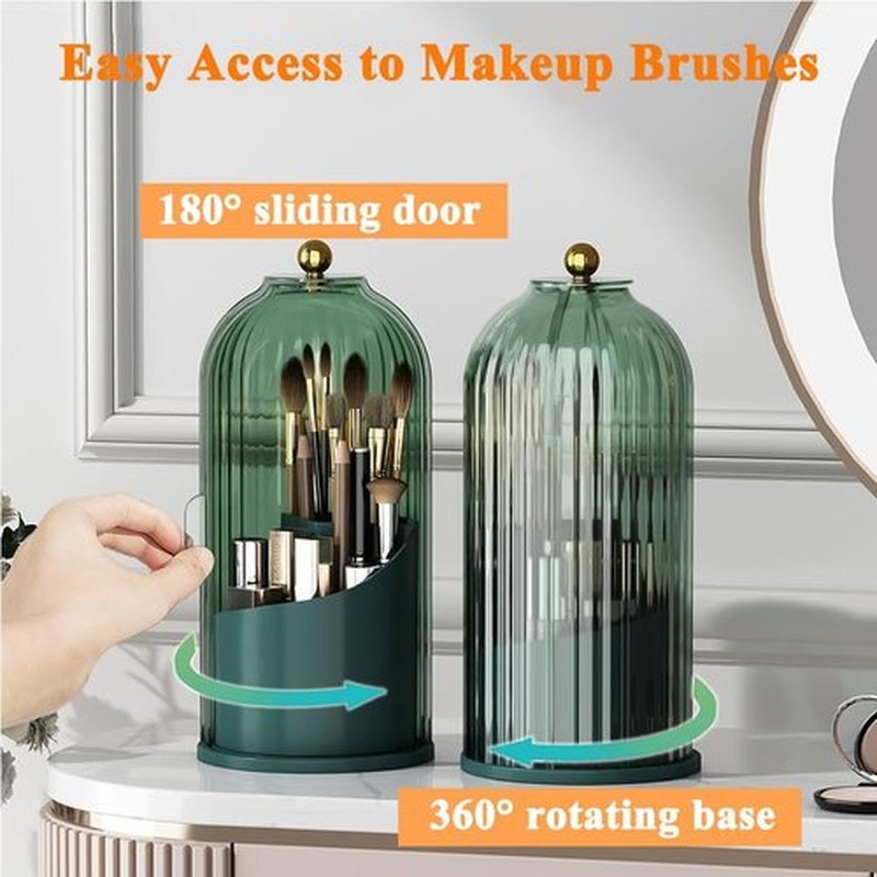 Zufudo Makeup Brush Holder Organizer with Lid 360° Rotating Makeup Organizer Countertop Dustproof Cosmetics Organizer for Vanity Bathroom, All Green