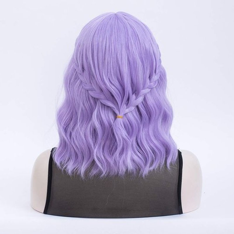 QACCF Purple Wig with Bang Short Wavy Shoulder Length Full Bang Pelucas Women Bob Purple Lavender Wig (Lavender)