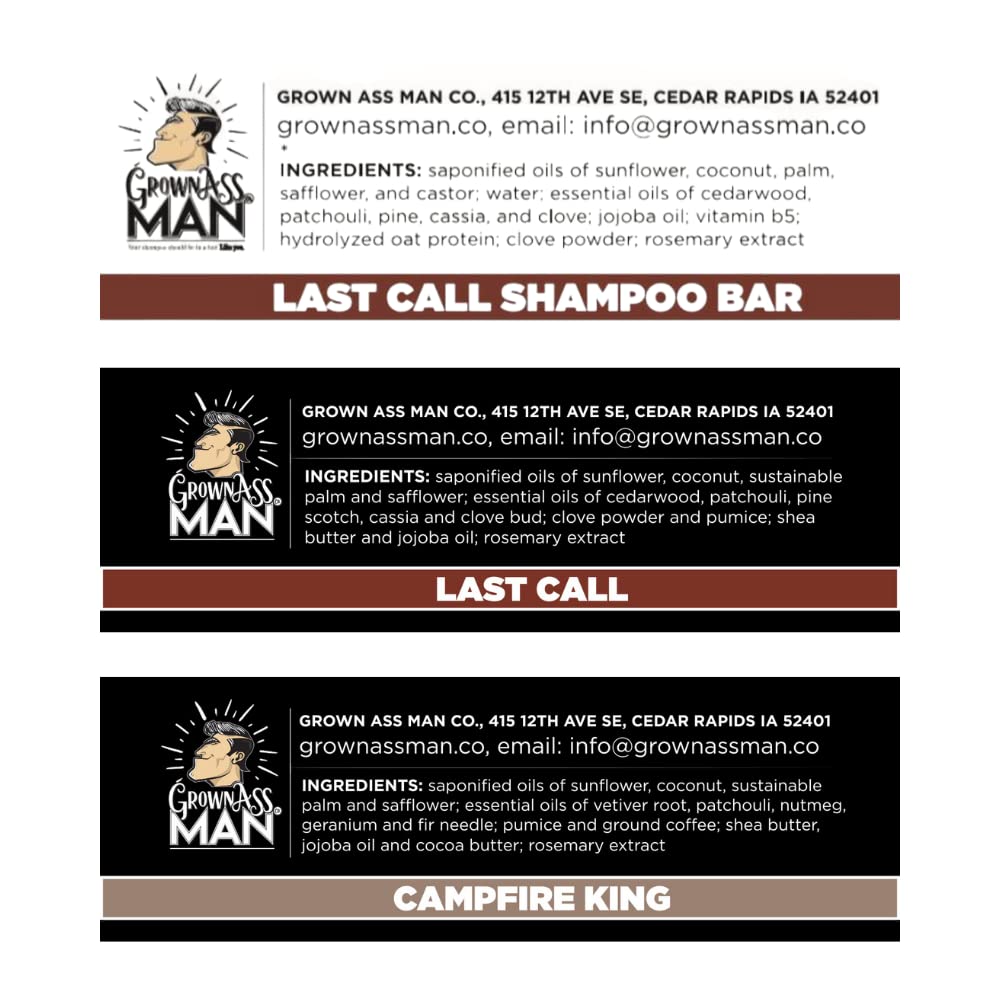 Grown Ass Man Co. Combo Packs - Solid Soap & Shampoo Bars Rich Lather with Natural Oils & Gentle Scrub for Men - Plastic Free & Eco-Friendly, Natural & Organic Deep Clean, 4oz Bars (Woodsman 3-Pack)