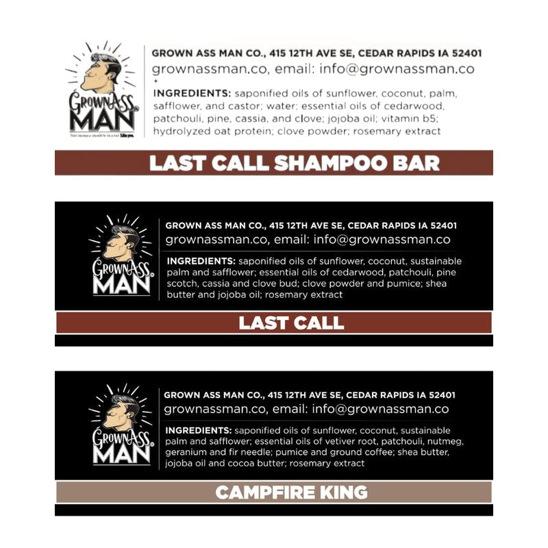 Grown Ass Man Co. Combo Packs - Solid Soap & Shampoo Bars Rich Lather with Natural Oils & Gentle Scrub for Men - Plastic Free & Eco-Friendly, Natural & Organic Deep Clean, 4oz Bars (Woodsman 3-Pack)