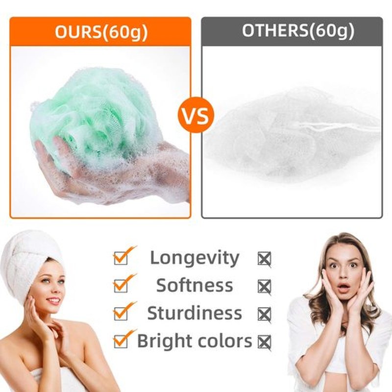 Novosun Loofah Bath Sponge Luffa Loofa Body Scrubber Soft Mesh Pouf Wash Puff Shower Puff Shower Ball Exfoliating Shower Sponge Pack of 4 (60g/pcs)