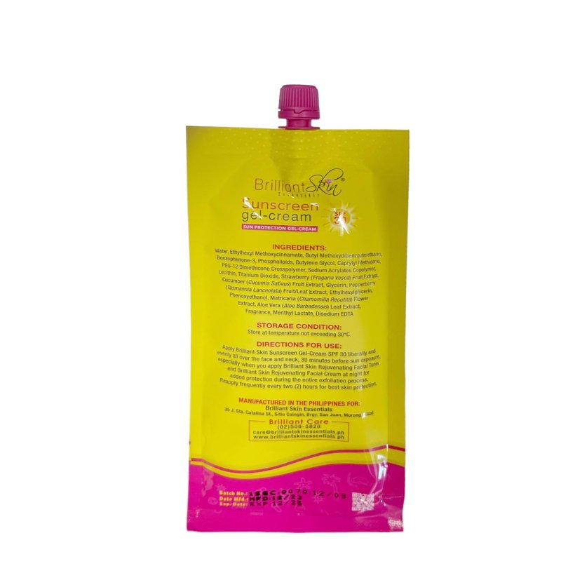 Generic 2 Sachets Brilliant Skin Essentials Sunscreen Gel-Cream UVA/UVB Protection SPF 30, 50g, 1.7 Ounce (Pack of 1)
