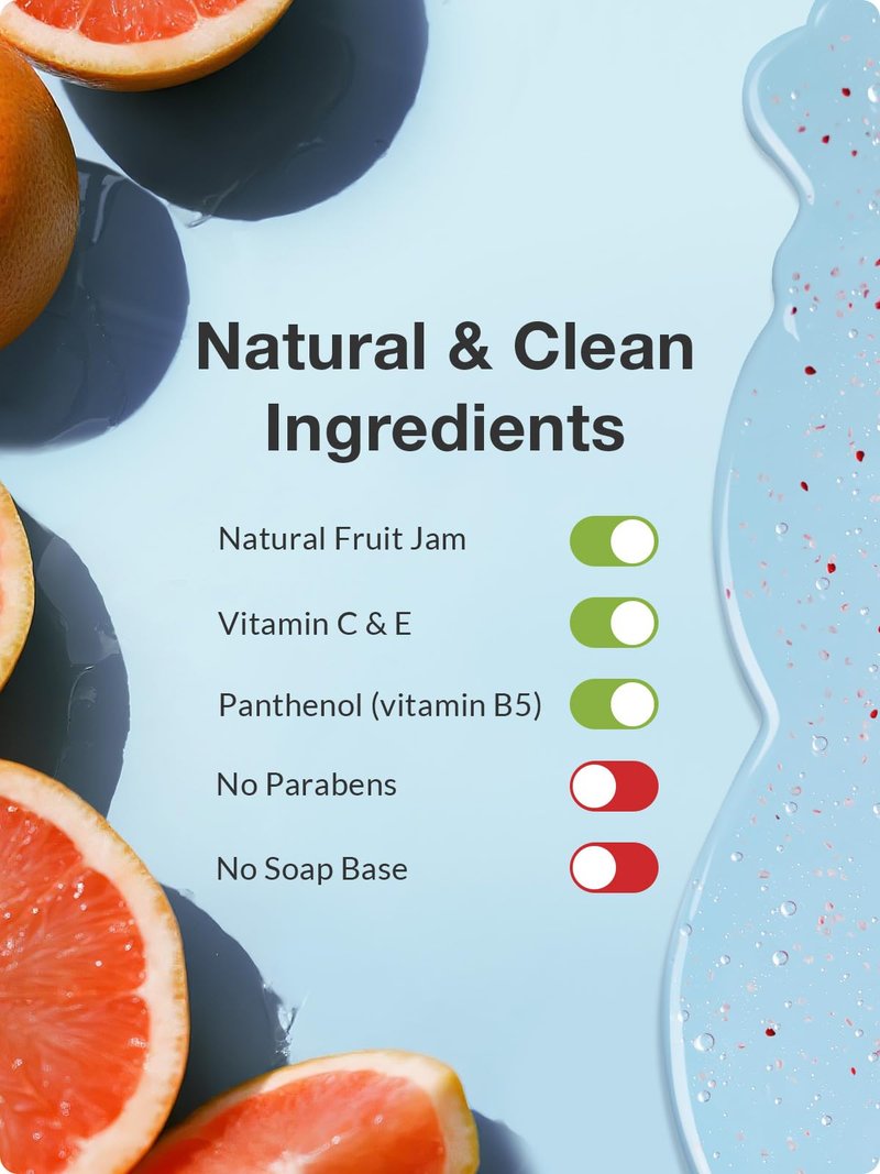 Kustie Grapefruit Body Wash – Jam Texture Exfoliating Shower Gel with Strawberry Seeds, Grapefruit Extract & Squalane, Refreshing & Moisturizing Cleanser for Dry & Sensitive Skin, 19.6 fl oz