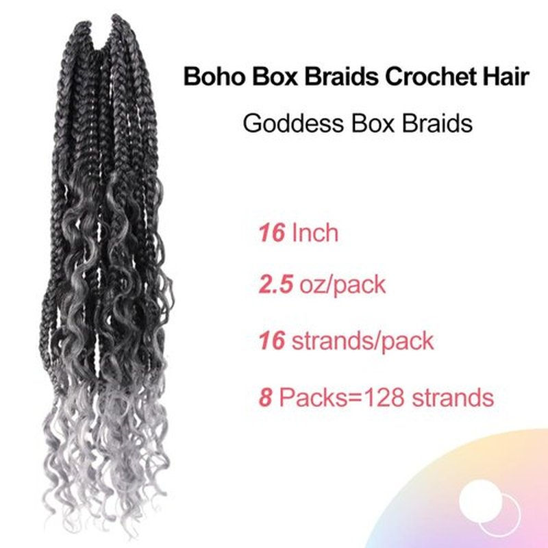 Niseyo Goddess Box Braids Crochet Hair 16 Inch 8 Packs Short Crochet Box Braids Pre Looped Curly Ends Gray Boho Style Synthetic Hair (Tgrey/Ombre Grey)