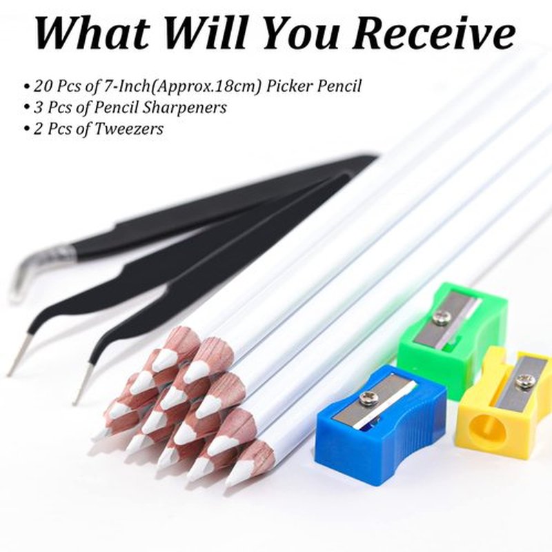 Rhinestones Picker Pencil for Nail Art Gem Crystal Pick up Tool 7-inch Rhinestone Pickup Pen 20Pcs with Pencil Sharpener 3Pcs + Tweezers 2Pcs