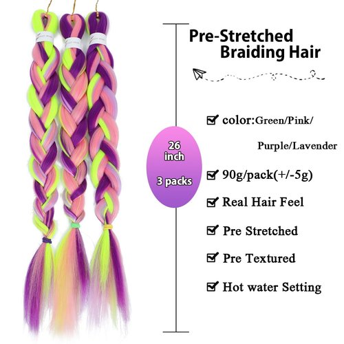 Pink and Green Ombre Braiding Hair 4 Colors Mix Braiding Hairt Synthetic Hair Fluorescent Green/Pink/Purple/Lavender 3Packs 26in Colorful Braiding Hair Pre Stretched Ombre Braiding Hair for Girls