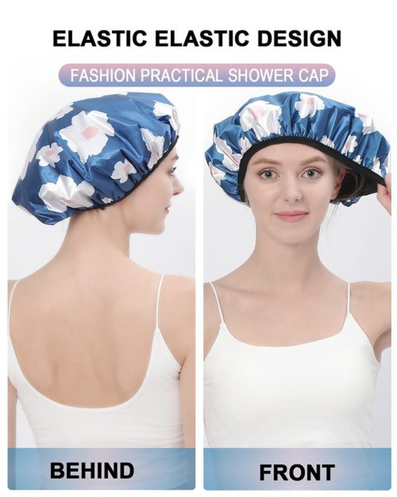 YIZIJIZI Terry Lined Shower Cap,Triple Layer Large Cap for Women,Shower Cap Reusable Waterproof,Long Thick Hair(Blue)