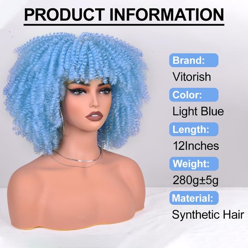 Vitorish Short Kinky Curly Wigs for Black Women 12 Inches about 280g/Piece Curly Afro Wig with Bangs Full Machine Made Blue Afro Wig Bouncy Fluffy Synthetic Cosplay Wig (Light Blue)