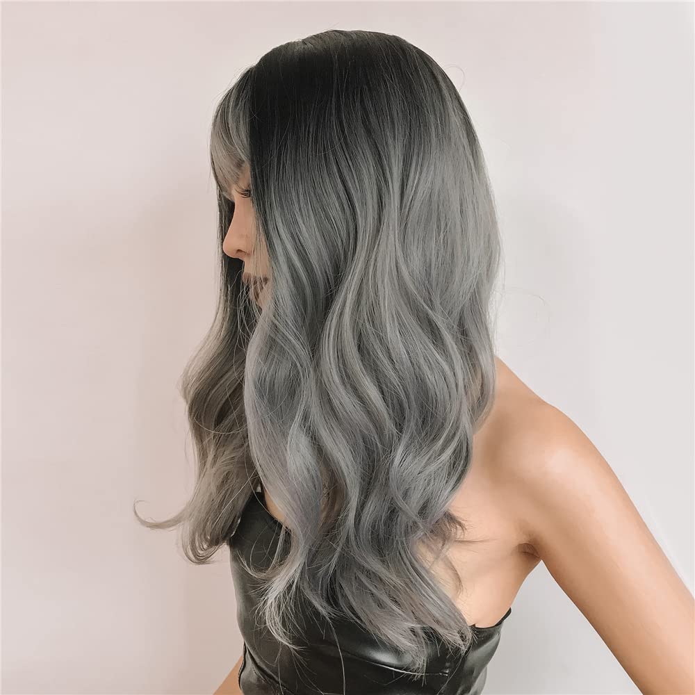 ISHINE Long Wavy Grey Wigs, Omber Gray Curly Wigs for Women, Natural Looking Synthetic Wig with Bangs, Hair Replacement Wigs for Daily Cosplay Party Halloween Costume 24 inch
