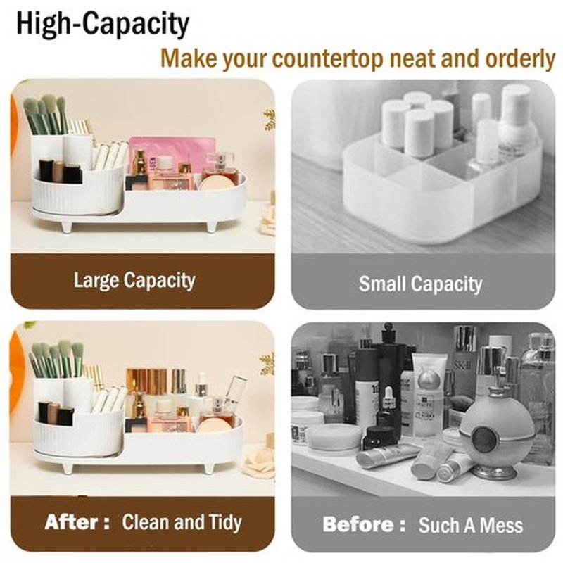 Makeup Organizer Countertop Rotating Makeup Organizer for Vanity Large Capacity Cosmetic Display Case with Makeup Brush Holder Cosmetic Organizer Countertop(White)