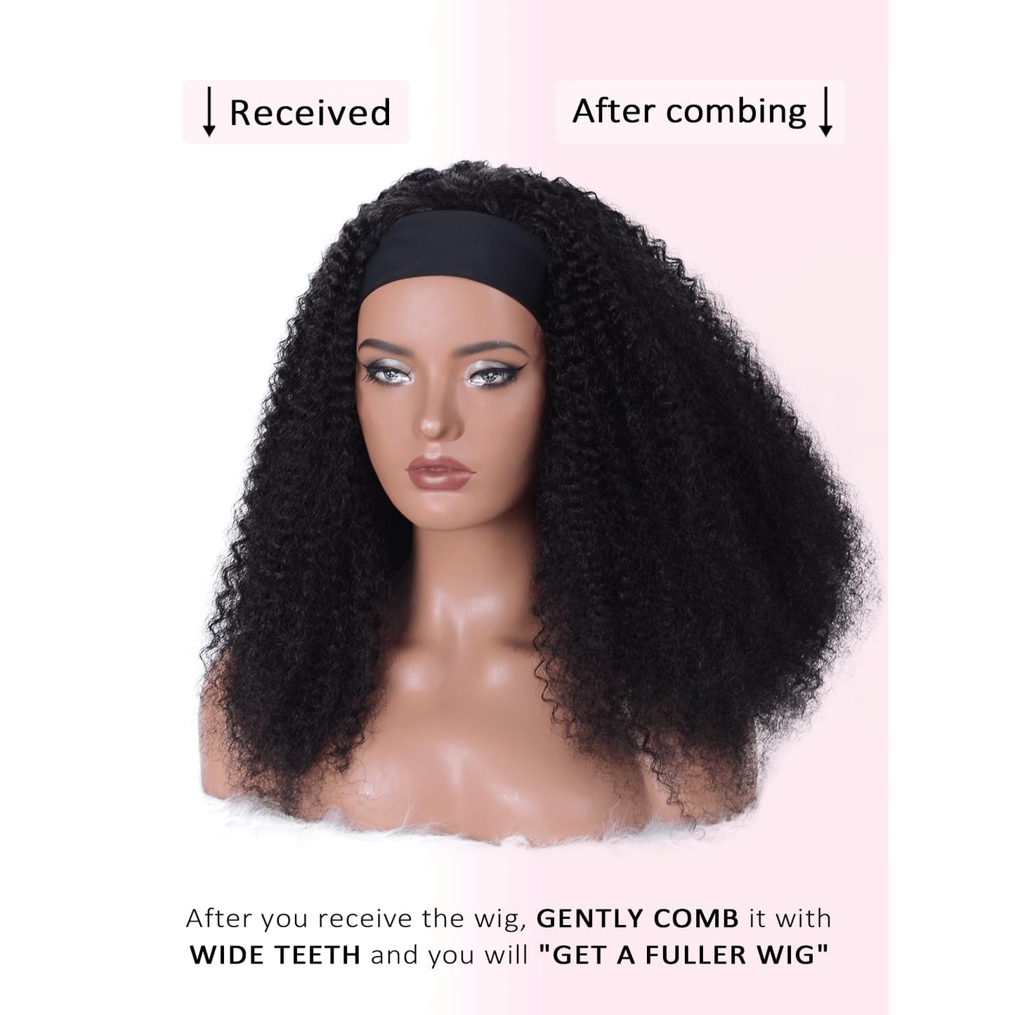 Woman's Romance Headband Wig Human Hair Wigs Kinky Curly Headband Wigs for Black Women Glueless Human hair Wig None Lace Front Wigs 180% Density Wear and Go Wig Natural Black Headband Wigs (28in)