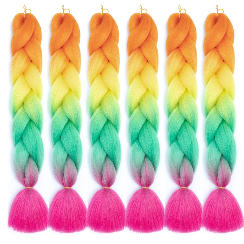 SHUOHAN 6 Packs Ombre Jumbo Braiding Hair Extensions 24 Inch High Temperature Synthetic Fiber Hair Extensions for Box Braids Braiding Hair (Orange to Yellow to Green to Rose)