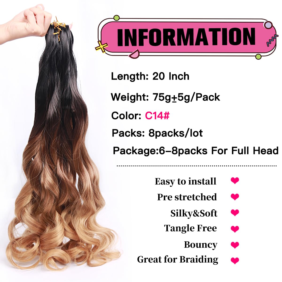 Amir Hair 8 packs French Curls Braiding Hair 20 Inch Loose Wave Braiding Hair Pre Stretched Synthetic Hair Extensions (C14) …
