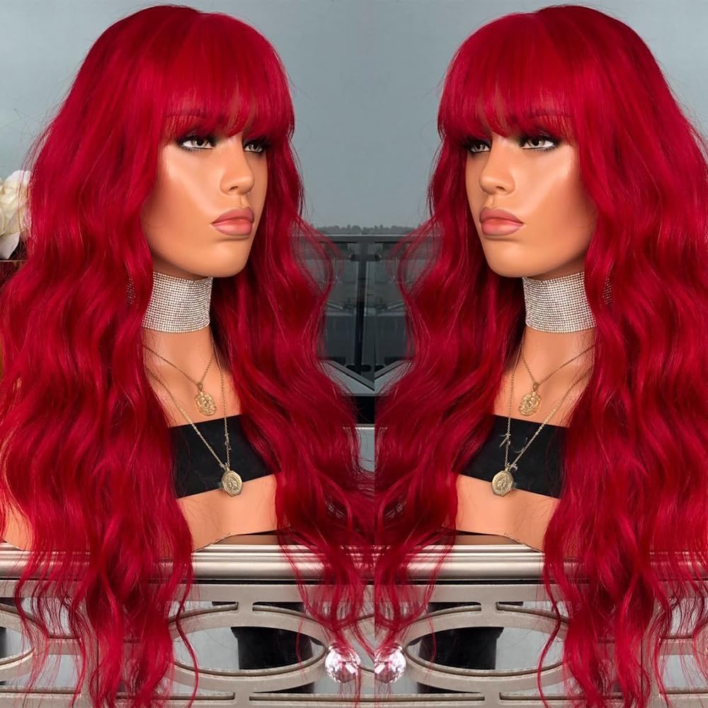 QD-Tizer Red Wig with Bangs Long Wavy Curly Hair Wigs for Women Loose Curly Heat Resistant Synthetic Fiber Wigs for Daily Party Use