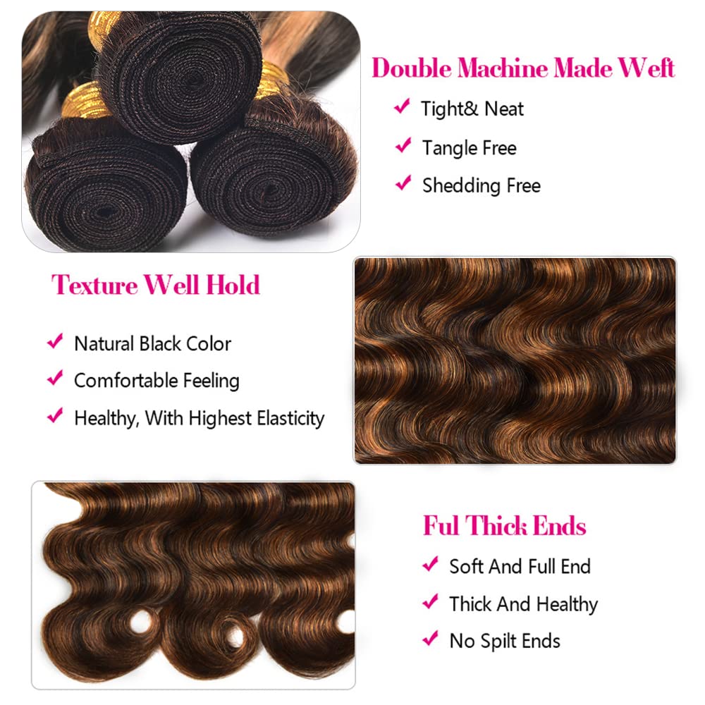 P1B/30 Bundles Human Hair Ombre Brown Body Wave Bundles 16 16 Inch Peruvian Hair Mixed Length 2 Bundles Two Tone And Light Brown Bundles Unprocessed Brown Human Hair Bundles Hair Weave