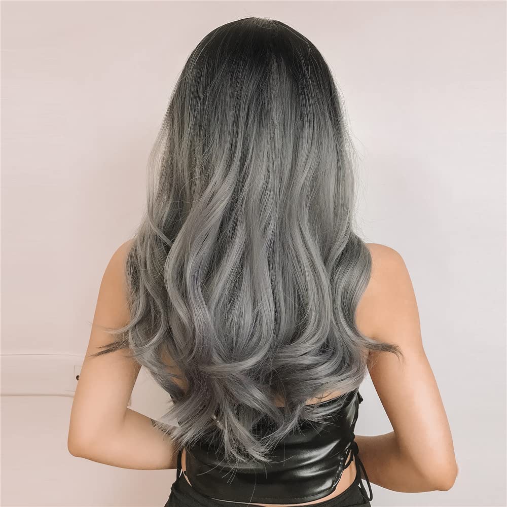ISHINE Long Wavy Grey Wigs, Omber Gray Curly Wigs for Women, Natural Looking Synthetic Wig with Bangs, Hair Replacement Wigs for Daily Cosplay Party Halloween Costume 24 inch