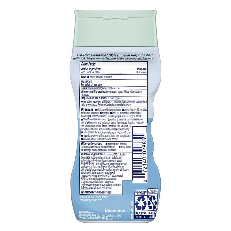 Coppertone Pure and Simple Zinc Oxide Mineral Sunscreen Lotion SPF 50, Water Resistant Sunscreen for Sensitive Skin, Hypoallergenic and Fragrance Free, 6 Fl Oz Bottle, Pack of 2