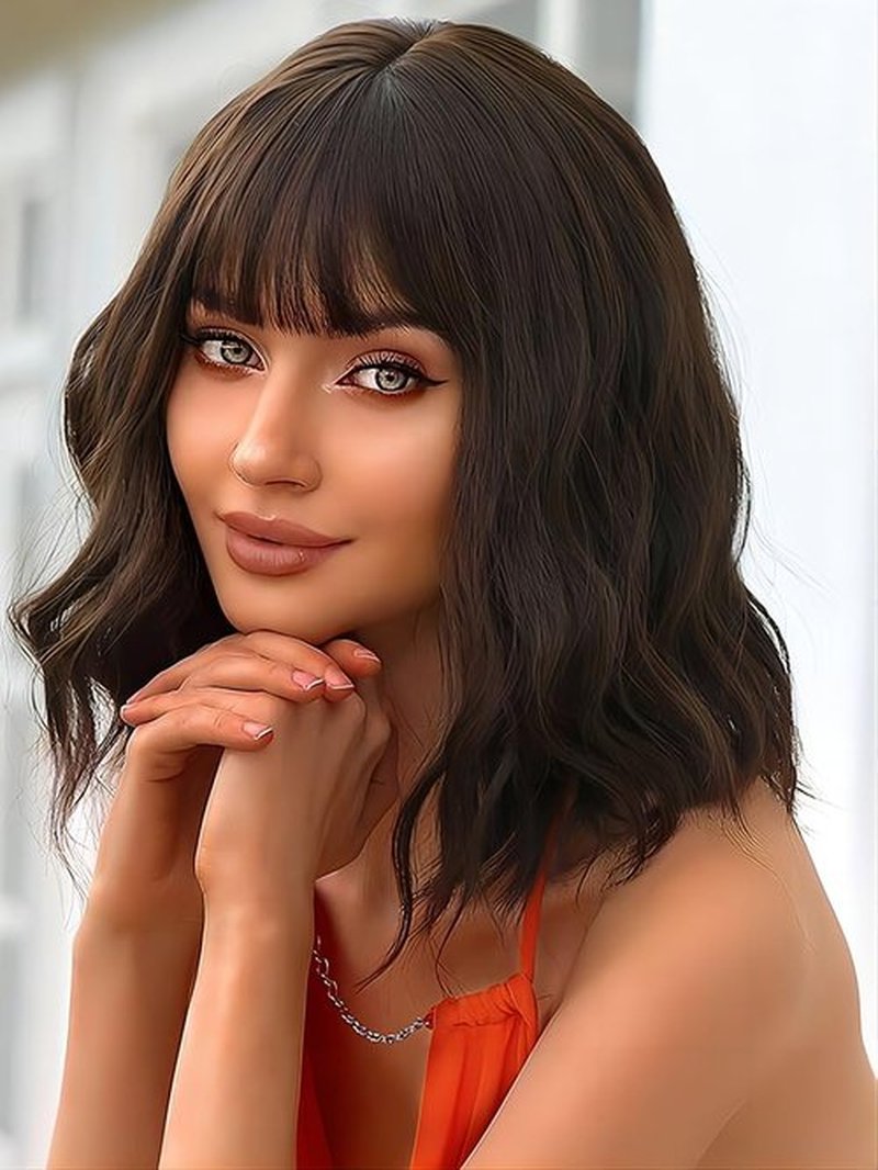 Short Brown Wig with Bangs Short Wavy Curly Bob Wigs for Women Shoulder Length Synthetic Hair Wig for Party Daily Use
