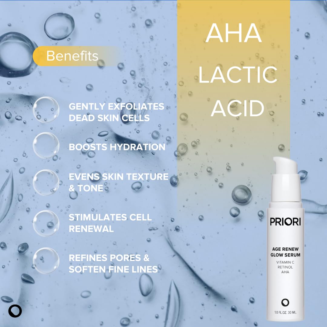 Priori Skincare Age Renew Glow Serum, Vitamin C, Retinol, AHA, Advanced Anti-Aging Radiance Boosting Formula, Dark Spot & Wrinkle Reduction, Firmness, Glowing Complexion, 1 fl oz
