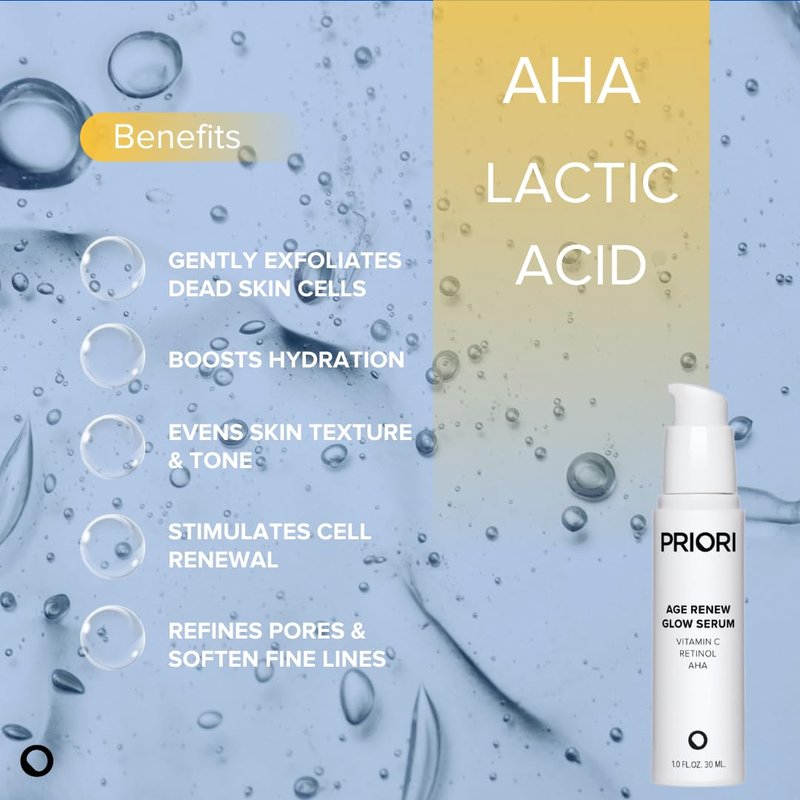 Priori Skincare Age Renew Glow Serum, Vitamin C, Retinol, AHA, Advanced Anti-Aging Radiance Boosting Formula, Dark Spot & Wrinkle Reduction, Firmness, Glowing Complexion, 1 fl oz