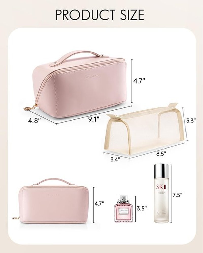 Vlando Travel Makeup Bag,Travel Toiletry Bag for Women Waterproof Portable Makeup Organizer Bag with Divider and Handle for Travel Essentials Skincare Brushes,Gifts for Women-Pink