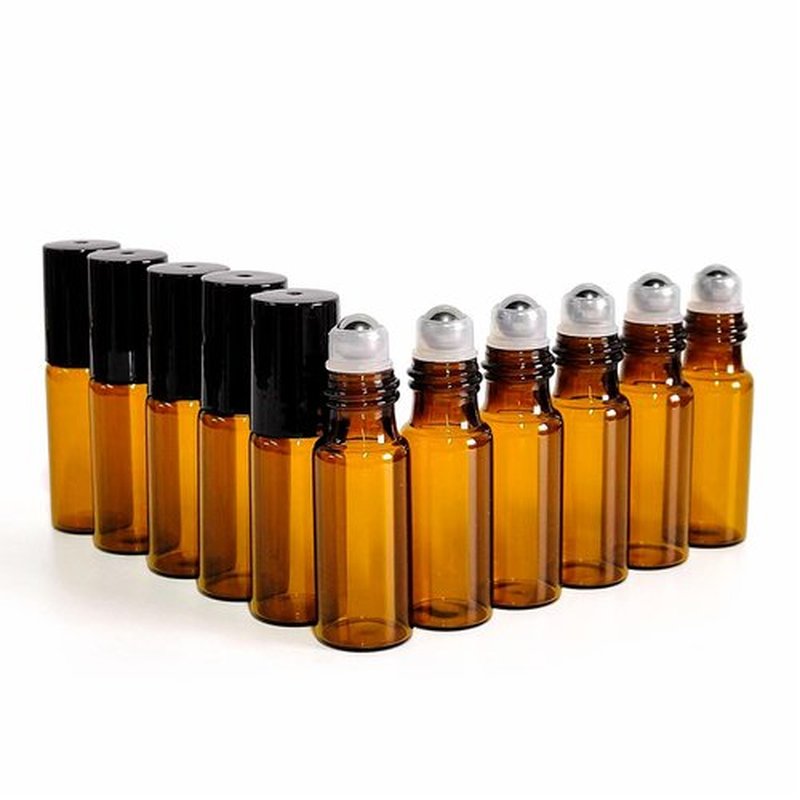 PYAWI 50 PCS 5ml Amber Glass Roller Bottle,Essential Oil Sample Vials with Stainless Steel Roller Ball,Black Caps,for Travel Perfume Cosmetics Small Container(2 Funnels, 2 Dropper, 1 Opener) (5ml)