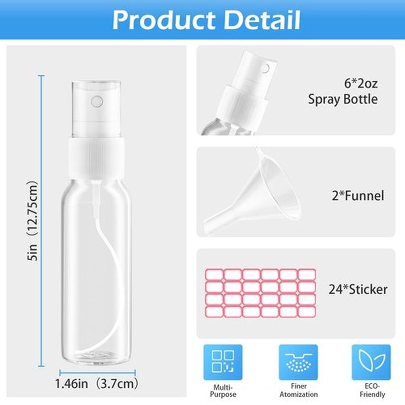 Zoizocp Spray Bottles, 2.7oz/80ml Clear Empty Fine Mist Plastic Mini Travel Bottle Set, Small Refillable Liquid Containers with 2pcs Funnels and 24pcs Labels (6 Pack)