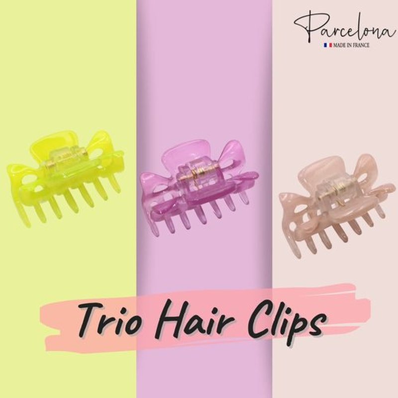Parcelona French Classic Very Small 1 1/2" Claw Clips with Tight Spring Set of 3 Girls Hair Jaw Claw Clips Durable Styling Women Hair Accessories, Made in France (Lemon Green-Purple-Blush Pink)