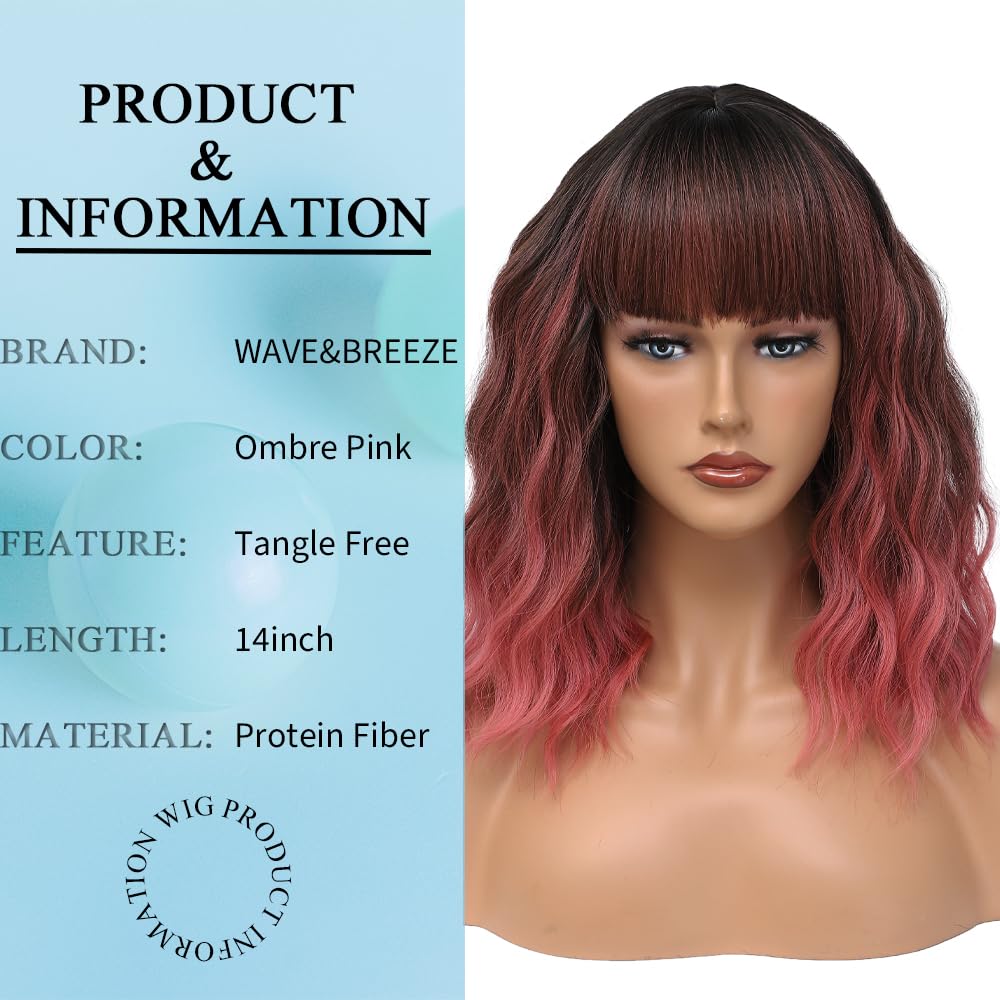 Short Pink Wigs with Bangs 14Inch Wavy Curly Bob Pastel Wig for Women Ombre Pink Shoulder Length Natural Looking Hair Replacement Wig for Daily Party Use Cosplay Costume Halloween Wig