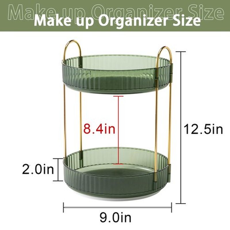 shuang qing Rotating Makeup Organizer for Vanity 2 Tier, High-Capacity Skincare Clear Make Up Storage Perfume Organizers Cosmetic Dresser Organizer Countertop 360 Spinning (Green)
