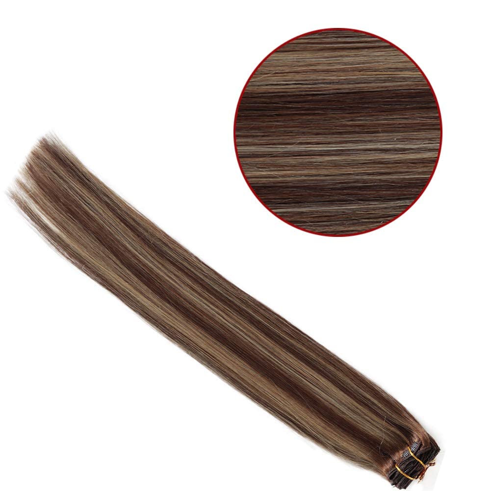Clip in Hair Extensions Real Human Hair, Balayage Dark Roots Fading to Ash Brown Straight Natural Remy Hair Seamless Clip in Hair Extensions with 16 Clips 14" 70G