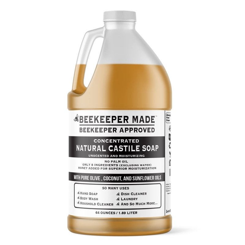Beessential Beekeeper Made Natural Castile Soap | No Palm Oil, 8 Ingredients, Pure Olive, Coconut, & Sunflower Oils, GMO Free, For Sensitive Skin, Made in the USA (64 fl oz (Pack of 1), Unscented)