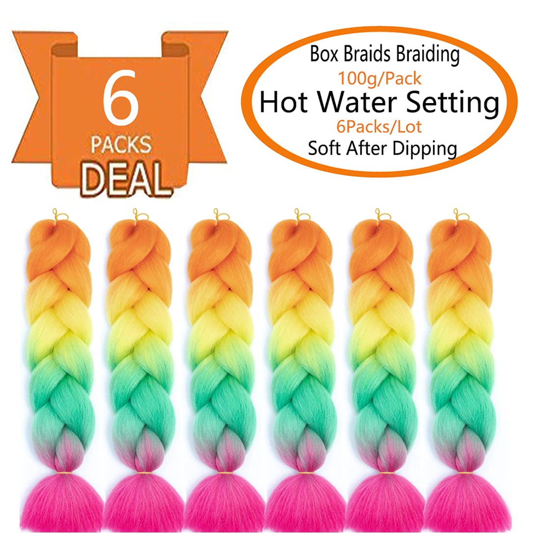 SHUOHAN 6 Packs Ombre Jumbo Braiding Hair Extensions 24 Inch High Temperature Synthetic Fiber Hair Extensions for Box Braids Braiding Hair (Orange to Yellow to Green to Rose)