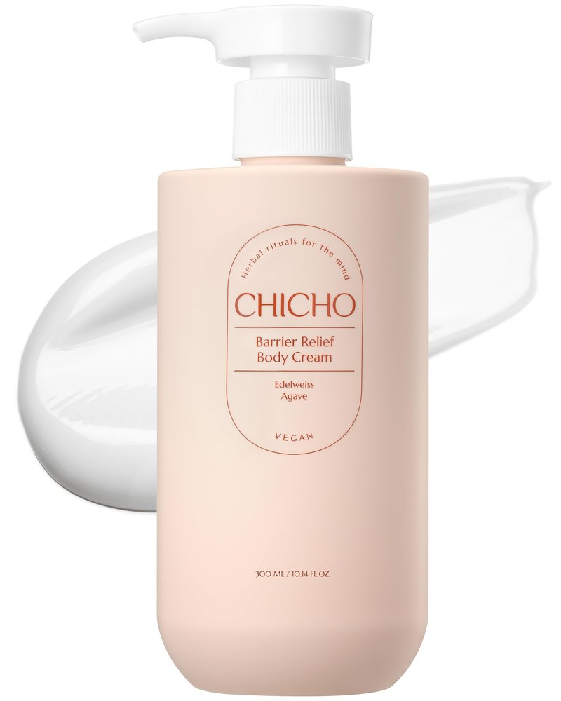 CHICHO Barrier Relief Body Cream - Herbal, 5 Ceramides, Edelweiss Callus Extract for Sensitive Skin, Pregnancy - Moisturizing Firming Nourishing - Mango & Fresh Basil Scent - Korean Skincare, 10.6oz