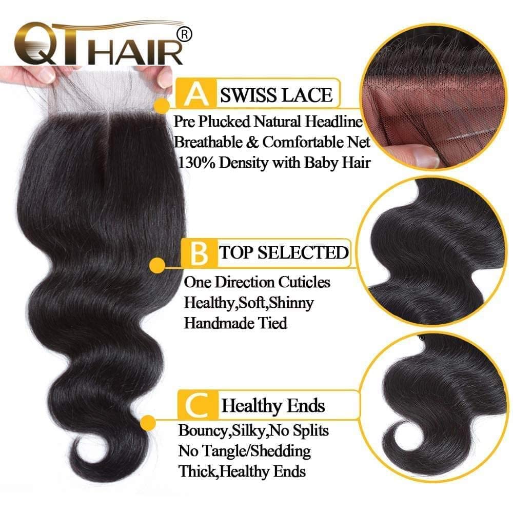 QTHAIR 14A Body Wave Bundles with Closure Human Hair (10 10+10) Brazilian Human Hair Bundles with 4x4 HD Lace Closure Free Part 100% Unprocessed Virgin Hair Body Wave Bundles Natural Color