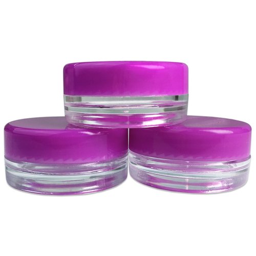 Beauticom 3g/3ml (0.1 Fl Oz) Round Clear Plastic Jars with Round Top Lids for Creams, Lotions, Make Up, Powders, Glitters, and more... (Color: Purple Lid Quantity: 50 Pieces)