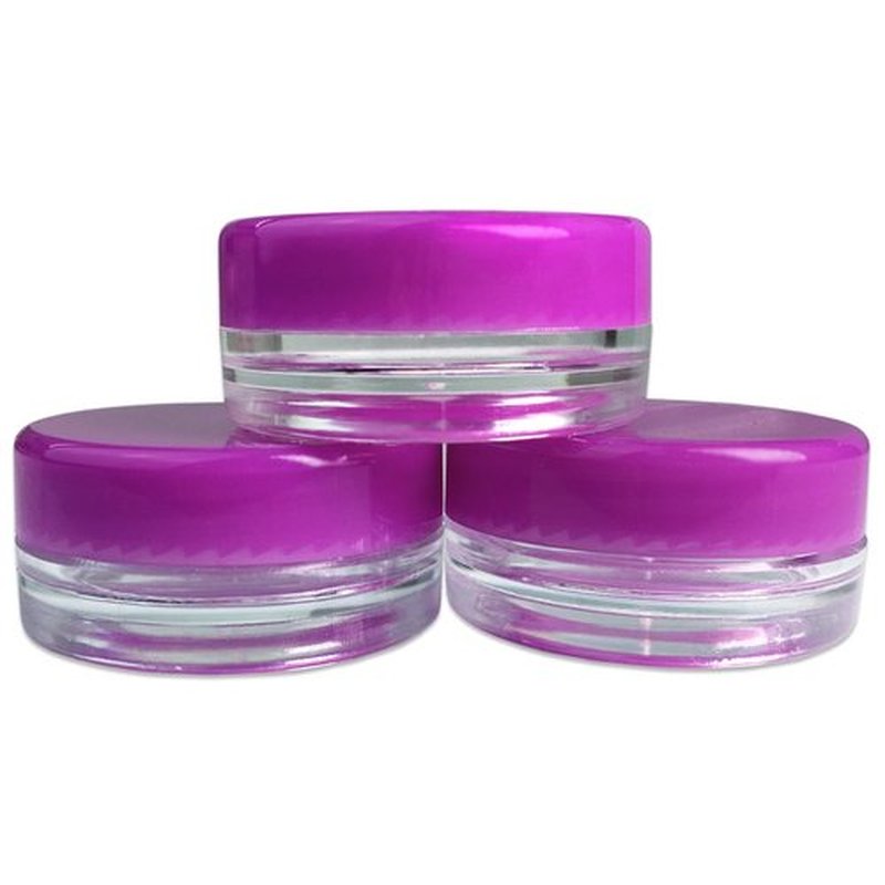 Beauticom 3g/3ml (0.1 Fl Oz) Round Clear Plastic Jars with Round Top Lids for Creams, Lotions, Make Up, Powders, Glitters, and more... (Color: Purple Lid Quantity: 50 Pieces)